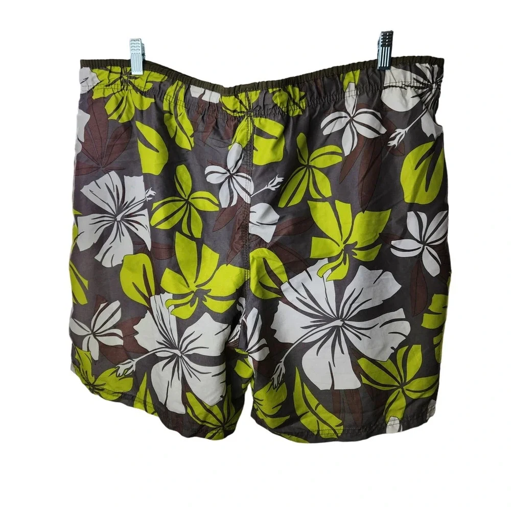 Speedo Hibiscus Floral‎ Board Shorts XL Brown Lime Green Tropical Swim Trunks